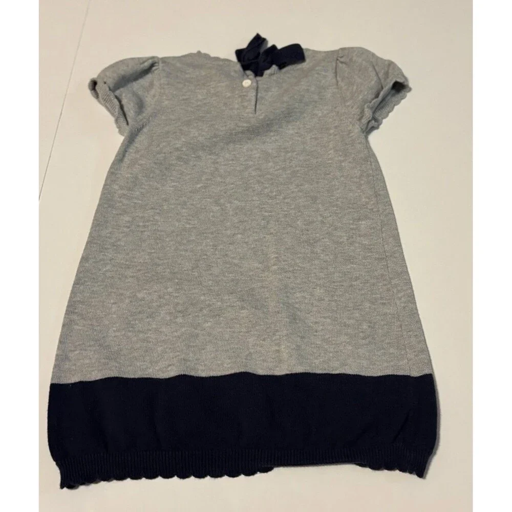 Gymboree Girls Gray Navy Knit Sweater Dress Fox Bow Short Sleeve Knee Sz 3T